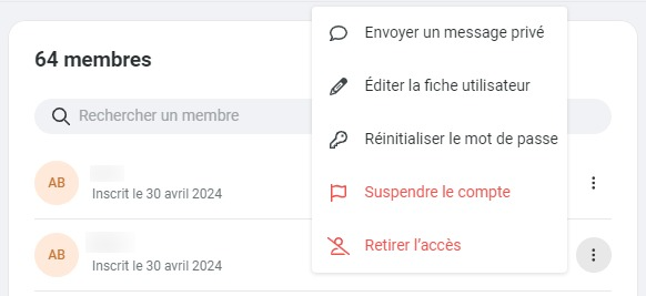 Menu d'un membre