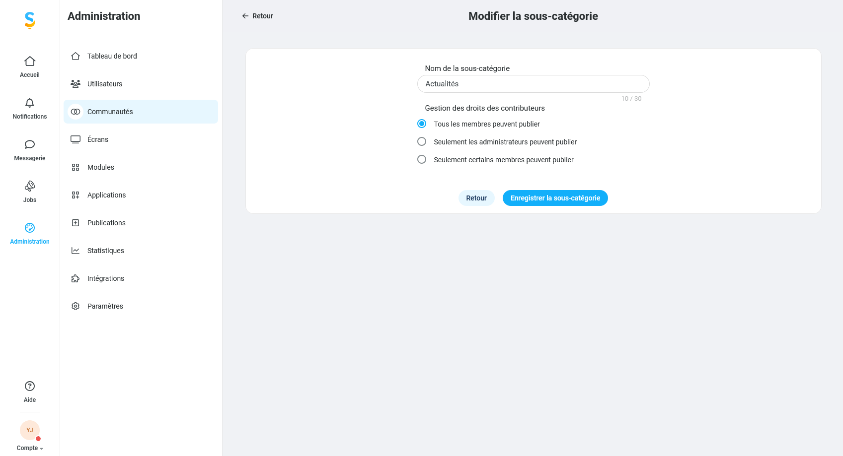 Droits de contribution à une sous-catégorie