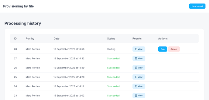A list of past imports. Each import lists the name of the user who launched it, its date, its status (Succeeded, Failed, or Waiting), a link to view the results, and -if the import is waiting for a user action- two buttons : Run and Cancel.