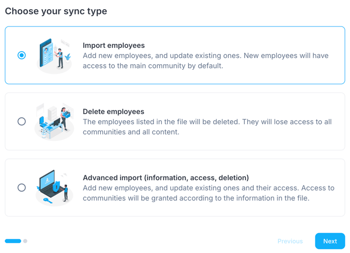 The three sync types: Import employees, Delete employees, and Advanced import.