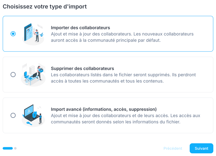 Les trois types d'import : Importer des collaborateurs, Supprimer des collaborateurs, Import avancé.
