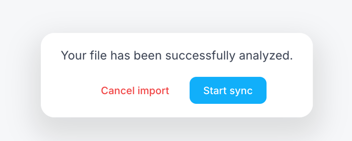 The Actions zone displayed after the analysis. A message is displayed: Your file has been successfully analyzed. Two action buttons are available: Cancel import and Start sync.