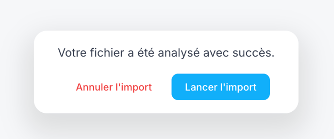 La zone d'action suite à l'analyse du fichier. Il est indiqué Votre fichier a été analysé avec succès, au-dessus de deux boutons Annuler l'import et Lancer l'import.